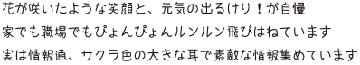 花が咲いたような笑顔と、元気の出るけり！が自慢 家でも職場でもぴょんぴょんルンルン跳びはねています 実は情報通、サクラ色の大きな耳で素敵な情報集めています